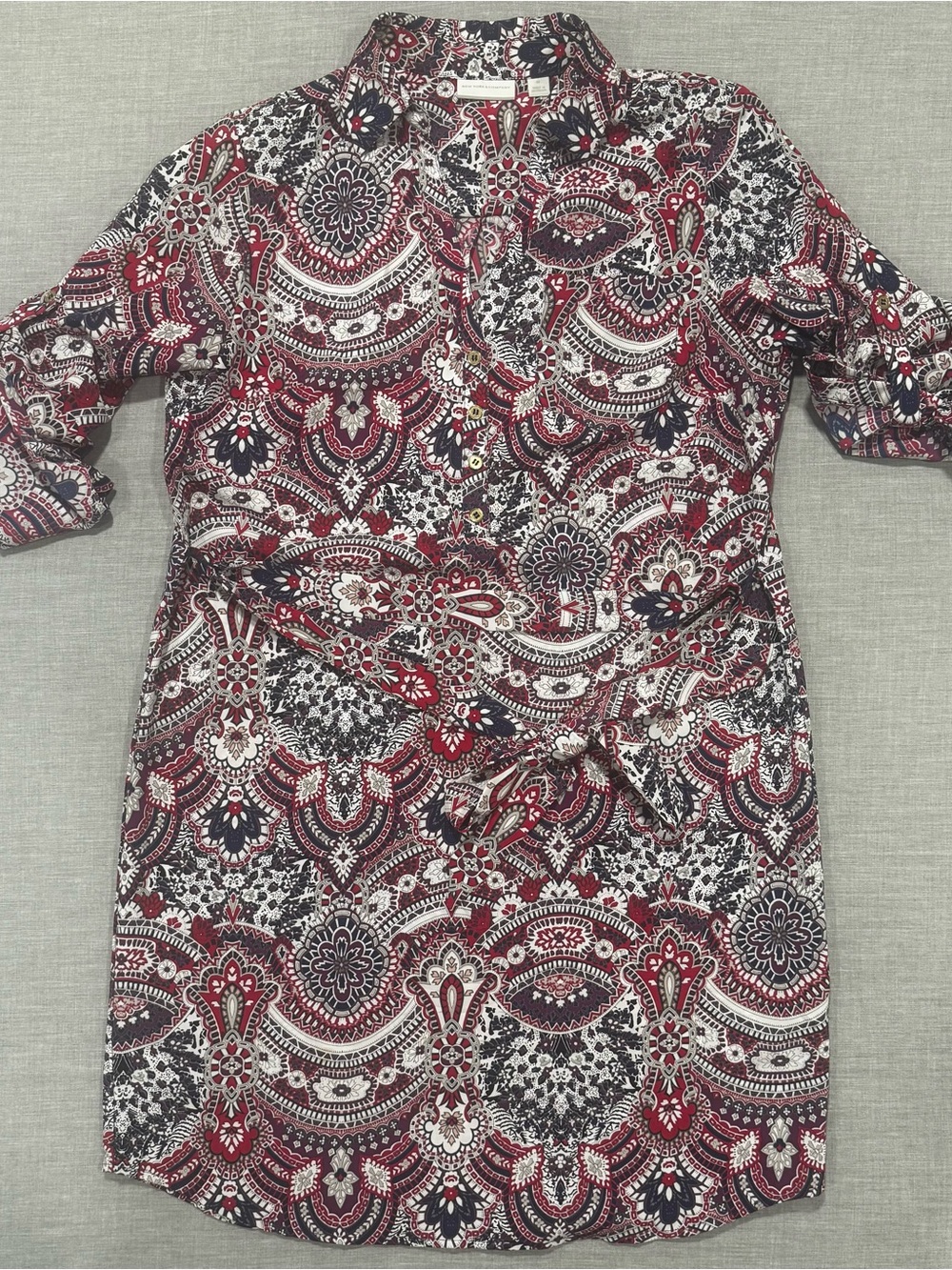 New York & Company Red, Navy & White Paisley Shirt Dress